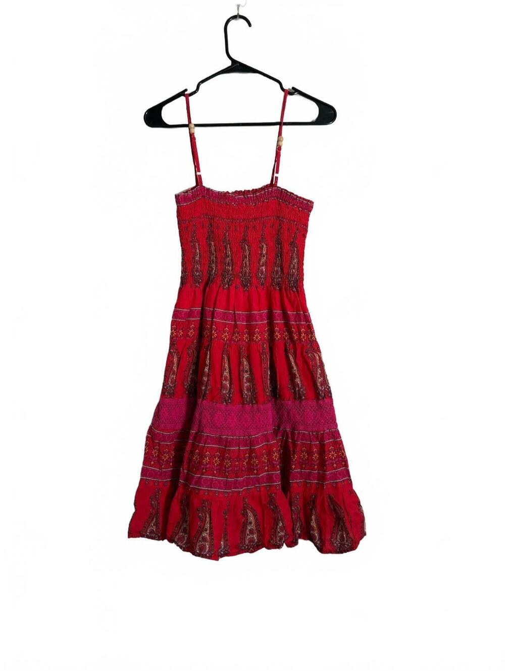Vintage Bohemian Style Red and Pink Smocked Sundress with Paisley Print